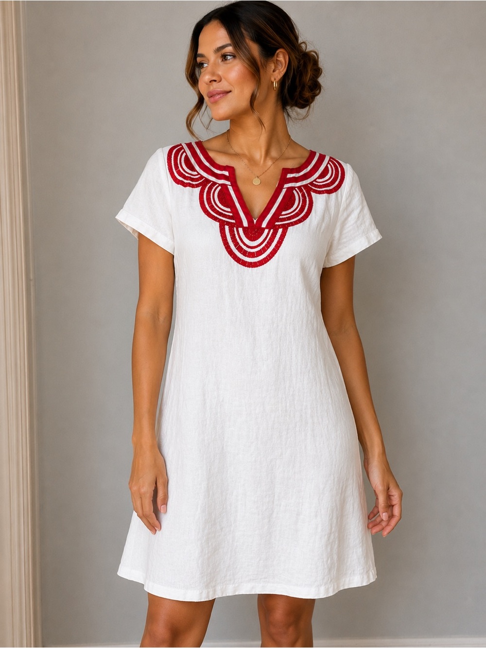 Boden white linen Embroidered shift dress tunic short sleeve size US 8 UK 12